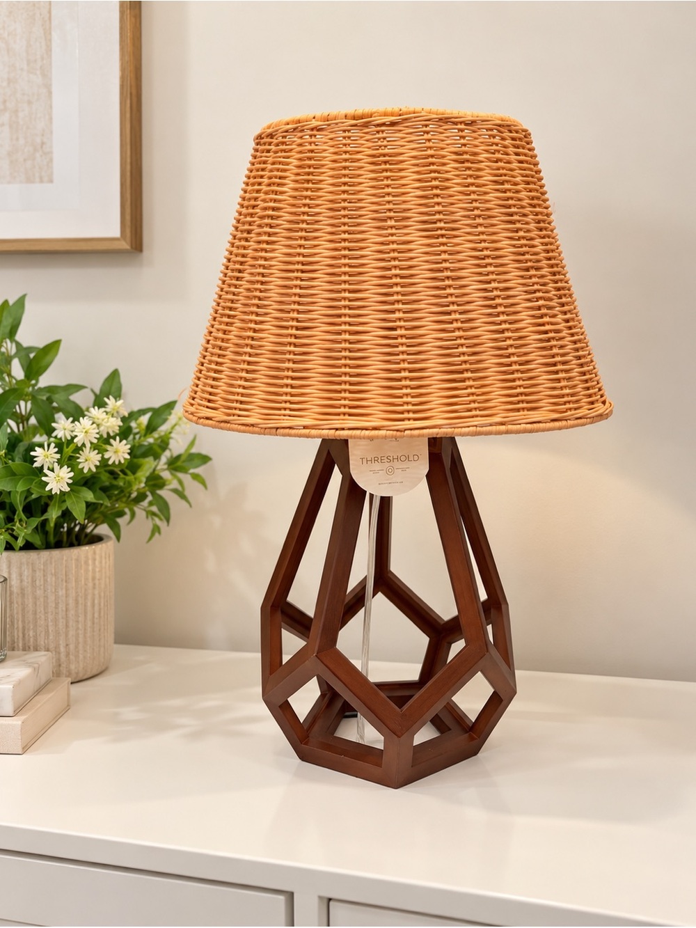 Large Wood Geo Assembled Table Lamp Brown - Threshold No Assembly, UL Listed, Co